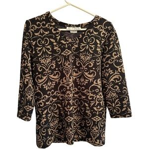Sarah Bentley Chic Blouse Womens Medium Black & Gold 3/4 Sleeves Eye-Catching